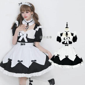 ハロウイン衣装 メイド服 コスチューム 白+黒 可愛いワンピース コス ゴスロリ エプロ コスプレ衣装 ロリータ ワンピース レディース 女装  裾 エプロンドレス ウエイトレス 膝丈 ショー