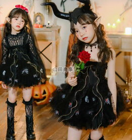 ハロウイン衣装 　コスプレ女の子ワンピース ハロウィン コスプレ衣装 悪魔 精霊 鬼花嫁 ゴースト 変身仮装 コスチューム Halloween こすぷれ 蝶柄 バタフライ 子供 ゴスロリ ゴシック 暗黒風 ドレス 女の子 キャミソール　レースブラウス追加可能110-150cm