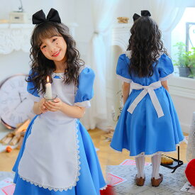 子供メイドドレス 　半袖ロング丈ドレス コスプレ女の子ワンピース ハロウィン コスプレ衣装 髪飾り+ワンピース＋エプロ3点セット 変身仮装 コスチューム Halloween コスプレ 子供 ゴスロリ ゴシック ドレス 女の子 　学園祭 文化祭 110-150cm