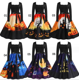 女性長袖ドレスハロウィン コスプレ衣装 髑髏柄 カボチャ柄 レディース 膝丈 大きい裾ワンピース フレアドレス Halloween dress 悪魔 魔女 変身仮装 こすぷれ 演出服レトロドレス 女性 ダンス衣装 リボン付き 細身 パーティードレス 演出服 イベント ステージ衣装