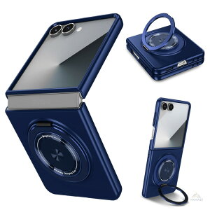 Galaxy Z Flip8 �P�[�X �����O 360�x��] �X�^���h �X���� ���^ MagSafe�Ή� �}�O�l�b�g�����O���� �w�ʃN���A ���� ���C�����X�[�d �܂肽���݃����O �ϏՌ� �J�����ی� �t���[���ی� �l�C�r�[ �u