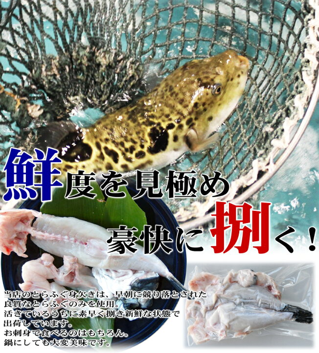 楽天市場 朝獲れ活締めとらふぐ身欠き 1kgサイズ国産とらふぐ使用 冷蔵 生食可 約600g前後 3 4人前 ふぐ刺し ふぐ鍋 みがき やまぐち旬彩 海峡本舗