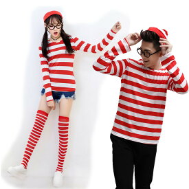 【メール便 送料無料】赤白ボーダー コスチューム 4点セット レディース Tシャツ、帽子、メガネ、ソックスの4点セット ハロウィン コスプレ仮装