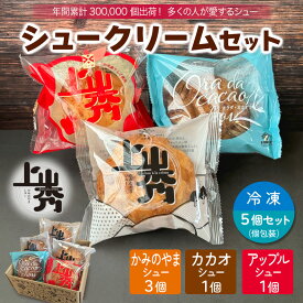 《3種》上山秀×3・カカオ×1・アップル×1（計5個）【送料無料】【9月より値上げ予定】かみのやまシューアソート｜山形 米粉シュークリーム 冷凍スイーツ 個包装 小分け プレゼント 【日時指定・ギフト・メッセージカード対応可】年間30万個販売の大人気シュー！つや姫