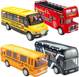 バスおもちゃ 4台セット プルバックカー 二階建てバス 観光バス ロンドンバス スクールバス 路線バス 女の子 男の子 車おもちゃ クリスマス プレゼント 合金製 ダイキャストカー 6歳以上