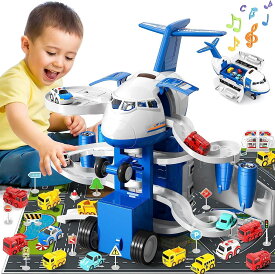 【2024新品登場】輸送用航空機玩具、航空機用自動車玩具セットにはレール、12台のミニゲーム車、音楽と照明が付いており、3歳以上の男の子と女の子向けに設計されている
