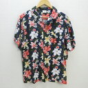 Q■ロイヤル/ROIAL ハイビスカス柄 レーヨンアロハシャツ/半袖■紺【メンズL】MENS/137【中古】