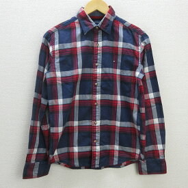 D■トミーヒルフィガー/TOMMY HILFIGER チェック柄 長袖シャツ【S】紺 赤/MENS/148【中古】