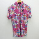 k■ビバハート/VIVA HEART パッチワークプリント 半袖ポロシャツ/速乾ゴルフウェア【50】ピンク/MENS■8【中古】