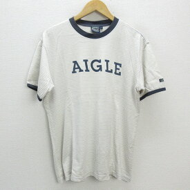 y■エーグル/AIGLE ボーダー柄 リンガーTシャツ■ベージュ【メンズL】MENS/アウトドア/84【中古】