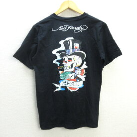 y■エドハーディー/EDHARDY バックプリント ポケットTシャツ■黒【メンズL】MENS/92【中古】