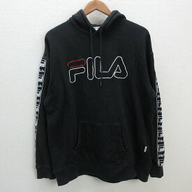 s■フィラ/FILA ロゴ刺繍 プルオーバーパーカー【L】黒/MENS/97【中古】