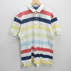 G■トミーヒルフィガー/TOMMYHILFIGER 半袖ポロシャツ/ボーダー 鹿の子地【XL】マルチカラー/men's/102【中古】■