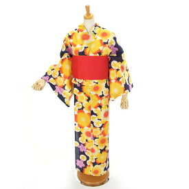 浴衣 レディース 2点セット 綿100％ 変わり織り 紺 オレンジ 桜【オプションで簡単に着られる加工が出来ます】