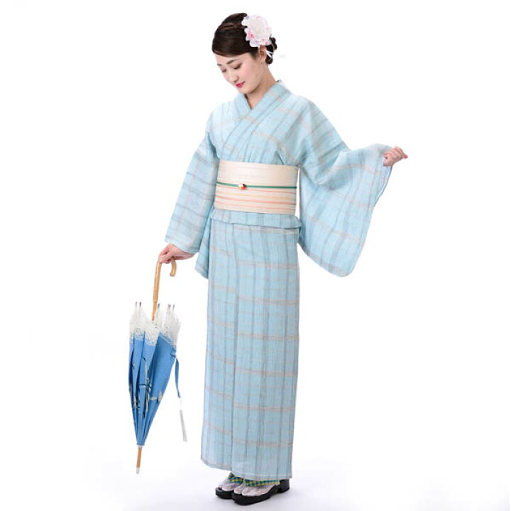 楽天市場】夏着物 綿麻着物 綿麻 楊柳 浴衣 レディース 大人 単品 水色 