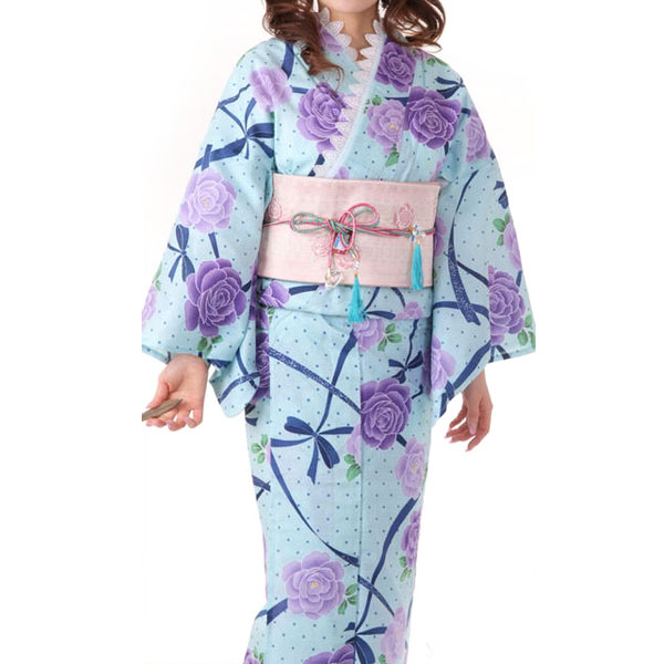 浴衣 単品 JUN AMI MISAKO ブランド 変わり織 水色 バラ【オプションで簡単に着られる加工が出来ます】のサムネイル