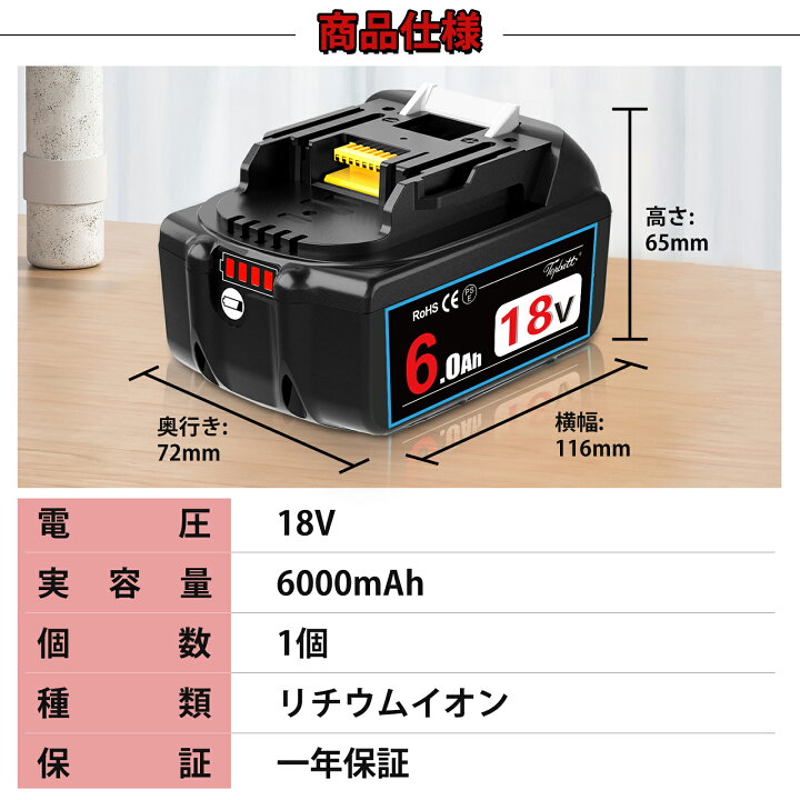 楽天市場】「最新大基盤」1年保証 マキタ バッテリー 18v 6.0Ah 互換 