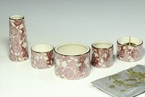 仏具■花柄 5点セット ミニ ワイン■モダン 家具調 仏壇 お供え■香炉灰付 神棚 神具 仏具 盆提灯 やまこう 山幸