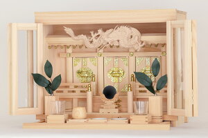 神棚 セット 三社 箱宮 16号 眠り龍の社 桧のモダン神具セット 神鏡 シルク調造花榊付き 工房造り、彫刻入りモダン神棚 桧の逸品、岐阜東濃ひのき使用 高級国産神棚 神棚 神具 仏具 盆提灯