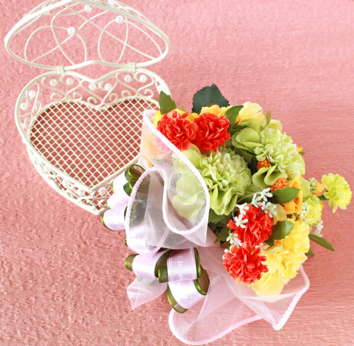 楽天市場 造花 ローズとスカビオサのミニ花束とハートのかごアレンジ バレンタイン シルクフラワー お花 Ct触媒 光触媒 Arg シルクフラワーの山久