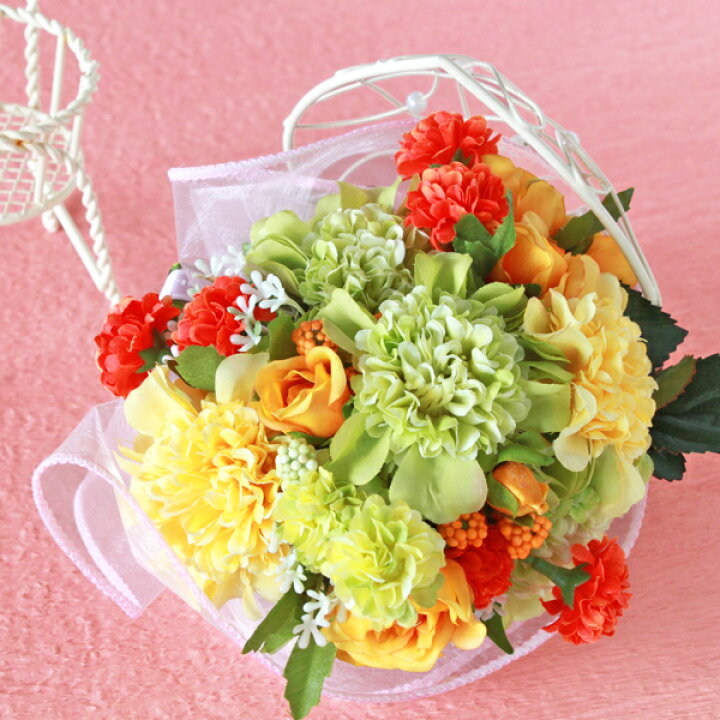 楽天市場 造花 ローズとスカビオサのミニ花束とハートのかごアレンジ バレンタイン シルクフラワー お花 Ct触媒 光触媒 Arg シルクフラワーの山久