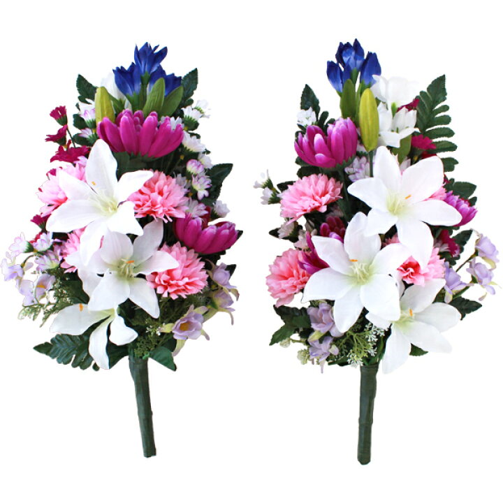 楽天市場 造花 仏花 ユリとりんどうと小菊の花束一対 リリー Ct触媒 光触媒 シルクフラワー お彼岸 お盆 お仏壇 仏花 お墓 花 お供え 山久 シルクフラワーの山久