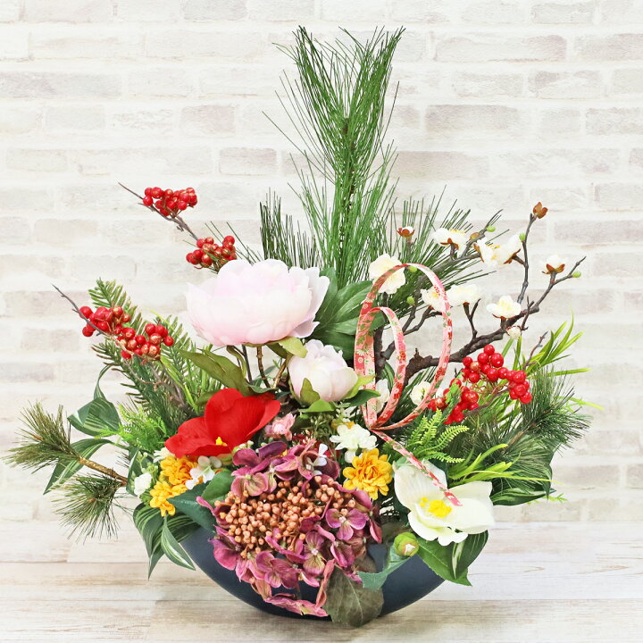 造花 松と梅とピオニーのお正月アレンジ お正月 シルクフラワー 玄関 