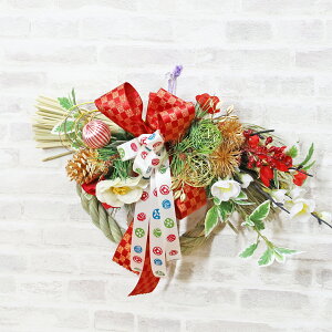 造花 水引ボールと椿のリースアレンジ 玄関飾り お正月飾り 玄関 ドア お正月 シルクフラワー 壁掛け CT触媒 光触媒