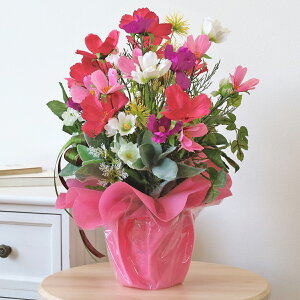 造花 ピンク色コスモスの鉢植えアレンジ 秋のアレンジ シルクフラワー CT触媒 光触媒 フラワーアレンジ インテリア フラワーアレンジメント arg