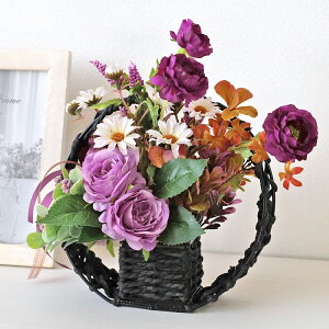 造花 パープルのラナンキュラスやバラの満月かごアレンジ 秋のアレンジ シルクフラワー CT触媒 光触媒 ローズ フラワーアレンジ インテリア フラワーアレンジメント arg