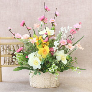 造花 桃や水仙の春爛漫アレンジ シルクフラワー もも モモ スイセン CT触媒 光触媒 ひな祭り 桃の節句 フラワーアレンジメント インテリア arg