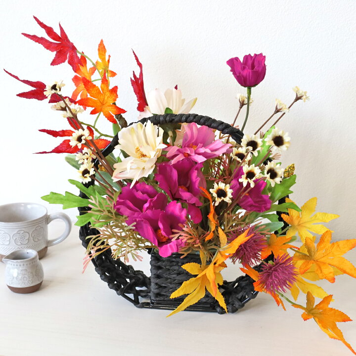 楽天市場】造花 もみじとコスモスの満月かごの和風アレンジ 秋の  