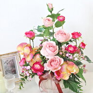 造花 ローズとランの スイートリボンアレンジ シルクフラワー バラ 薔薇 ピンク 華やか プレゼント ギフ…
