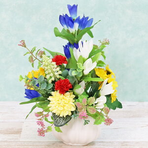 造花 2色のりんどうとボックスウッドのアレンジ 秋のアレンジ シルクフラワー リンドウ CT触媒 光触媒 フラワーアレンジ インテリア フラワーアレンジメント arg