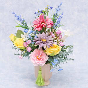 仏花 造花 ガーベラやローズに忘れな草がそっと咲いたアレンジ 花 枯れない花 お供え お悔み バラ 薔薇 ホワイト パープル イエロー ピンク ブルー CT触媒 シルクフラワー フラワーアレンジ