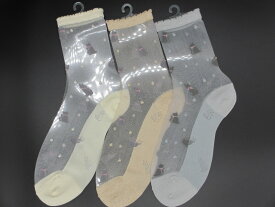 【ヤマモトソックス】　日本製　送料無料　綿　シースルー　婦人靴下　レディース　22〜24cm　猫柄シースルーソックス