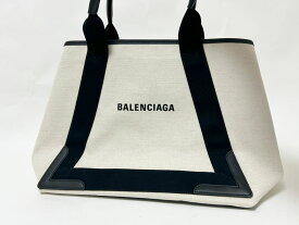 BALENCIAGA バレンシアガ ネイビー カバスM ミディアム トートバッグ キャンバス ブラック ホワイト ポーチ 581292 超美品【中古】