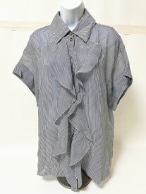 CHANEL シャネル ruffled silk blouse ブラウス 半袖 ストライプ ホワイト ネイビー フリル シルク サイズ：38 22SS P72681V64385 美品 【中古】