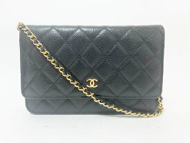 CHANEL シャネル マトラッセ クラシック チェーンウォレット クラッチバッグ ショルダーバッグ キャビアスキン グレインドカーフスキン ブラック ゴールド金具 ランダムプレート 美品【中古】