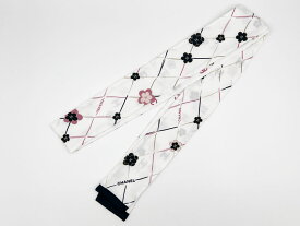 CHANEL シャネル ヘアバンド ツイリー スカーフ カメリア シルク ブラック ホワイト 160cm 美品【中古】