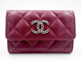 CHANEL シャネル キャビアスキン マトラッセ カードケース グレインドカーフスキン カラーストーン CCマーク ボルドー ランダム 超美品【中古】