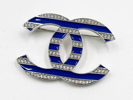 CHANEL シャネル ブローチ ブルー ボーダー CCマーク ラインストーン シルバー金具 C25C 超美品【中古】