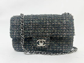 CHANEL シャネル ミニ クラシック フラップ チェーンショルダーバッグ ツイード グレー ラメ シルバー金具 ランダムプレート A69900 B18201 NZV38 超美品【中古】
