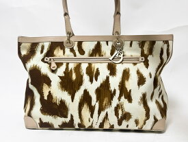 Christian Dior クリスチャン ディオール トートバッグ ショルダーバッグ レオパード柄 キャンバス レザー ホワイト ブラウン ベージュ大型 【中古】