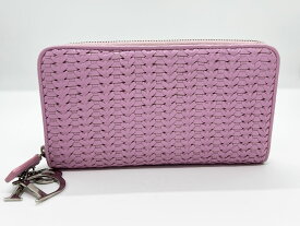 Christian Dior クリスチャン ディオール ラウンドファスナー 長財布 チャーム付き 編み込みレザー ピンク 美品【中古】
