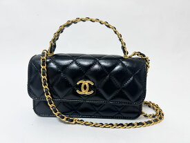 CHANEL シャネル マトラッセ トップハンドル チェーンウォレット ショルダーバッグ ポーチ 斜め掛け ラムスキン ブラック 美品【中古】