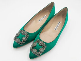 MANOLO BLAHNIK マノロブラニク ハンギシ レディース フラットシューズ サテン グリーン サイズ：38 9XX-0348-0030 未使用品【中古】