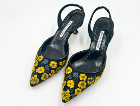 MANOLO BLAHNIK マノロブラニク パンプス CAROLYNE キャロライン レディース 靴 花柄 刺繍 2025年春夏 プリムローズ ブラック イエロー 38.5 424-1995-0001【中古】