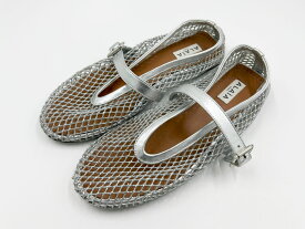 ALAIA アライア レディース フィッシュネット製バレリーナ ストラップ バレエシューズ フラットシューズ ARGENT シルバー サイズ：38 AA3A029TK028 - 090【中古】