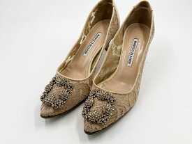 MANOLO BLAHNIK マノロブラニク HANGISI LSMOR ハンギシ レディース パンプス ハイヒール 靴 レース MND ベージュ サイズ：38 9XX-0700【中古】